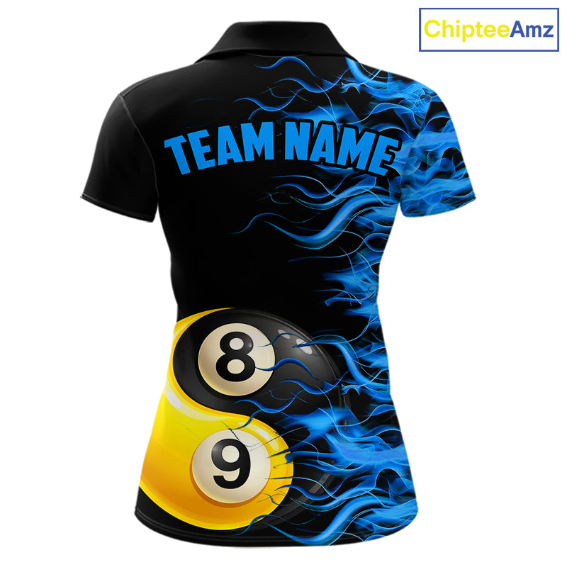 Blue Flaming 8 & 9 Ball Yin-Yang Billiard Shirt For Women Custom Pool Team Jersey Polo & 1/4 Zip TDM5984
