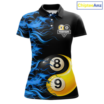 Blue Flaming 8 & 9 Ball Yin-Yang Billiard Shirt For Women Custom Pool Team Jersey Polo & 1/4 Zip TDM5984
