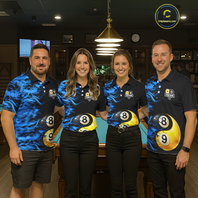 Blue Flaming 8 & 9 Ball Yin-Yang Billiard Shirt For Men Custom Pool Team Jersey Polo & 1/4 Zip TDM5984