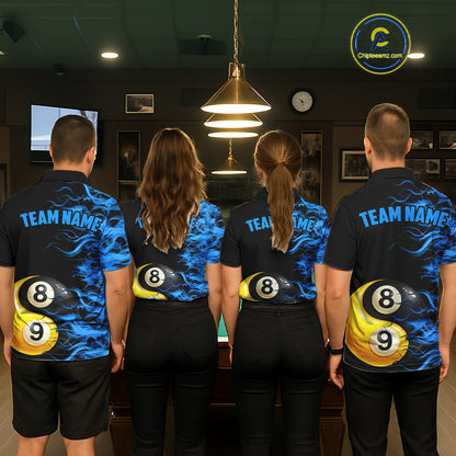 Blue Flaming 8 & 9 Ball Yin-Yang Billiard Shirt For Men Custom Pool Team Jersey Polo & 1/4 Zip TDM5984