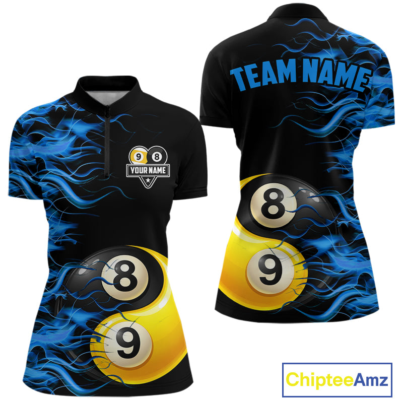 Blue Flaming 8 & 9 Ball Yin-Yang Billiard Shirt For Women Custom Pool Team Jersey Polo & 1/4 Zip TDM5984