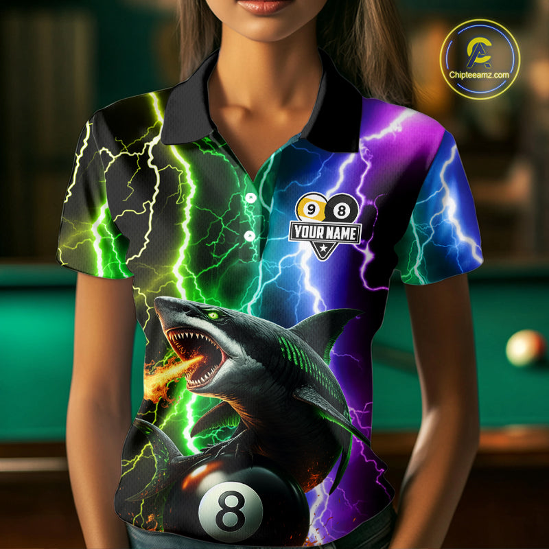 Colorful Lightning Shark 8 & 9 Ball Billiard Shirt For Women Custom Pool Team Jersey Polo & 1/4 Zip TDM5985