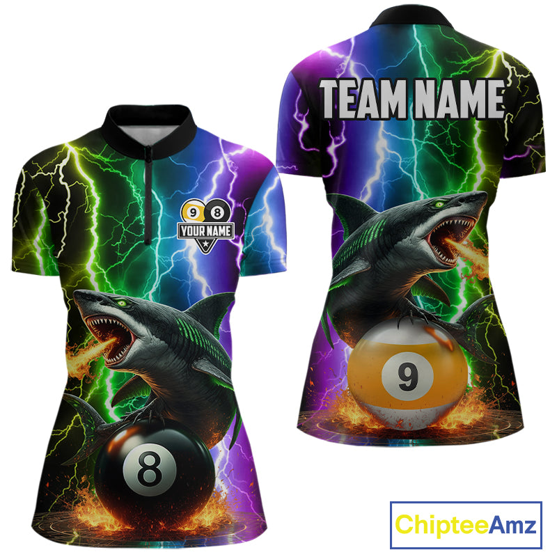 Colorful Lightning Shark 8 & 9 Ball Billiard Shirt For Women Custom Pool Team Jersey Polo & 1/4 Zip TDM5985