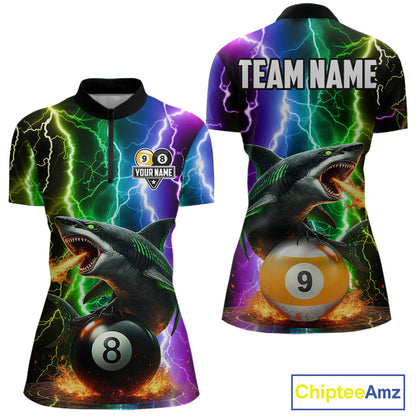 Colorful Lightning Shark 8 & 9 Ball Billiard Shirt For Women Custom Pool Team Jersey Polo & 1/4 Zip TDM5985