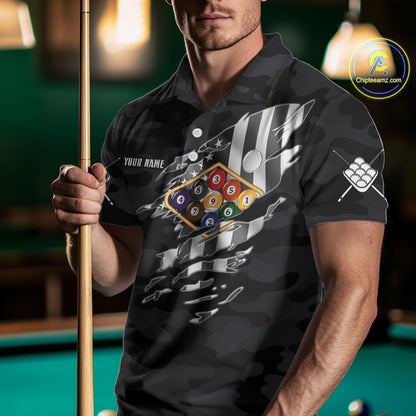 Personalized Camouflage US Flag Billiard Shirt For Men, 9 Ball Pool Team Jersey Polo & 1/4 Zip TDM5992