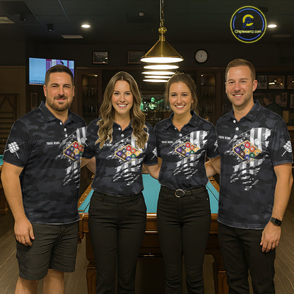 Personalized Camouflage US Flag Billiard Shirt For Men, 9 Ball Pool Team Jersey Polo & 1/4 Zip TDM5992