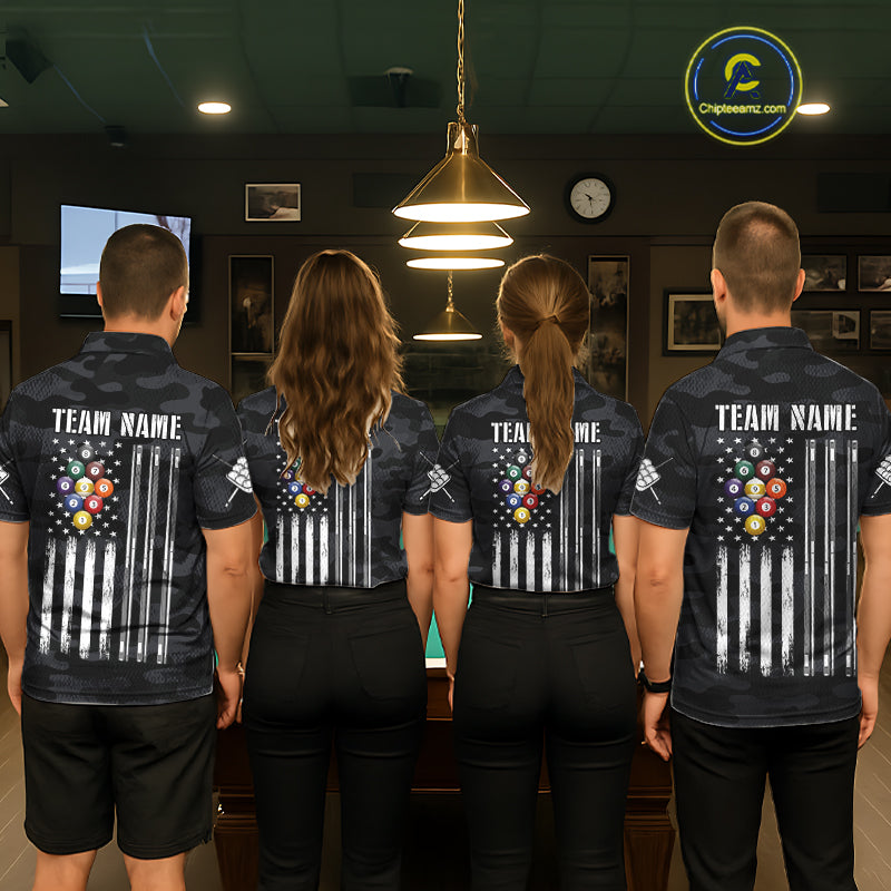 Personalized Camouflage US Flag Billiard Shirt For Men, 9 Ball Pool Team Jersey Polo & 1/4 Zip TDM5992