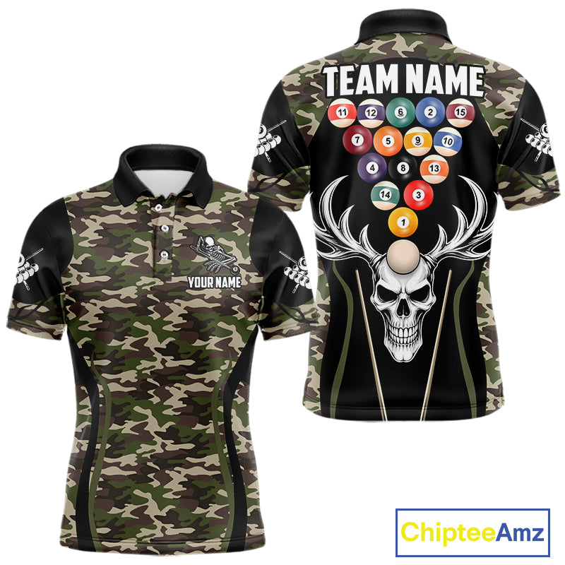 Personalized Green Camo Skull Billiard Shirt For Men, 8 Ball Billiard Team Jersey Polo & 1/4 Zip TDM5993