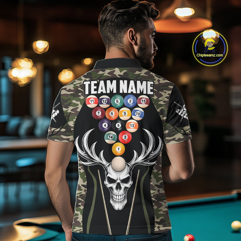 Personalized Green Camo Skull Billiard Shirt For Men, 8 Ball Billiard Team Jersey Polo & 1/4 Zip TDM5993