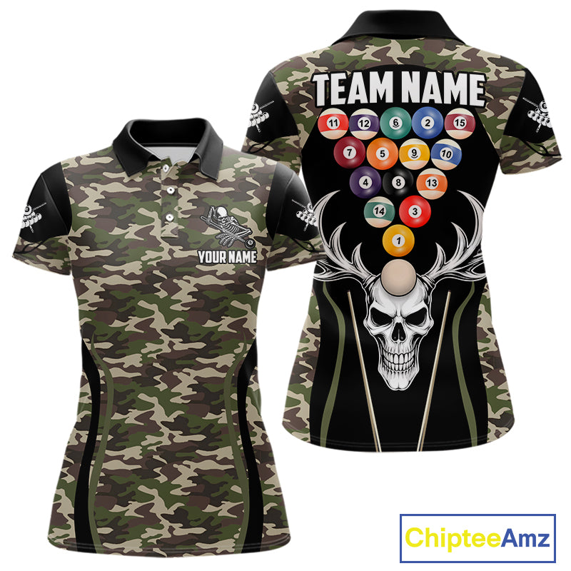 Personalized Green Camo Skull Billiard Shirt For Women, 8 Ball Billiard Team Jersey Polo & 1/4 Zip TDM5993