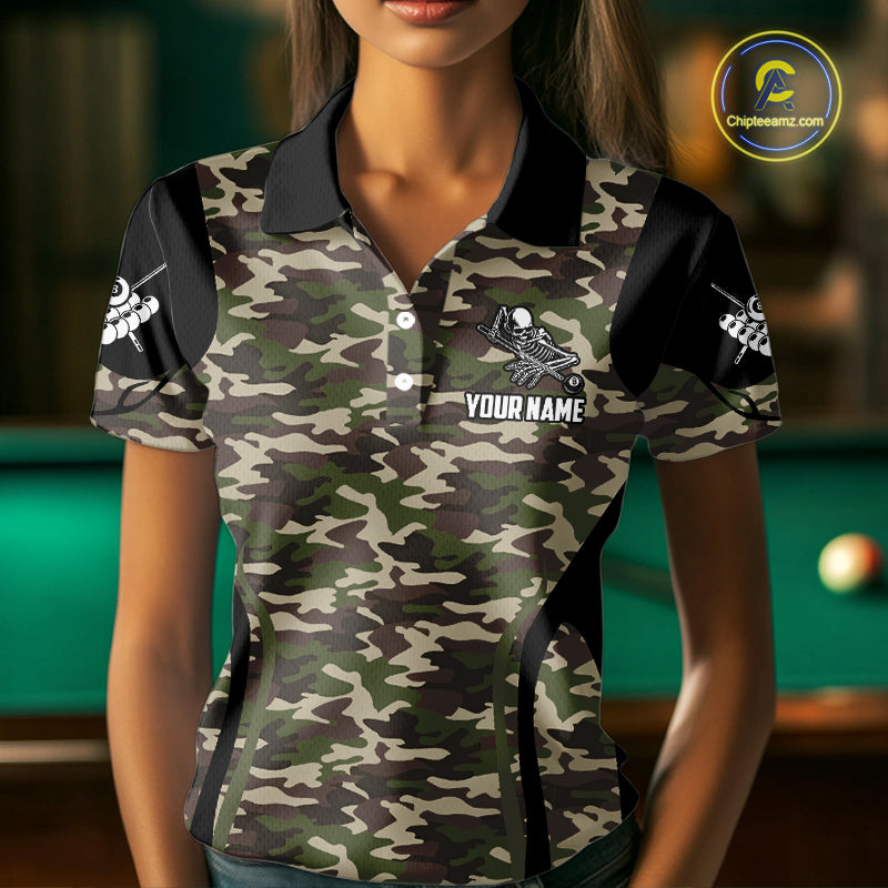 Personalized Green Camo Skull Billiard Shirt For Women, 8 Ball Billiard Team Jersey Polo & 1/4 Zip TDM5993