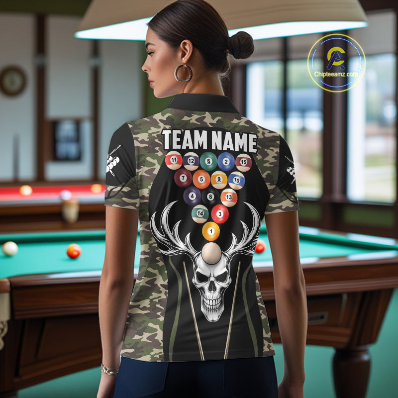 Personalized Green Camo Skull Billiard Shirt For Women, 8 Ball Billiard Team Jersey Polo & 1/4 Zip TDM5993
