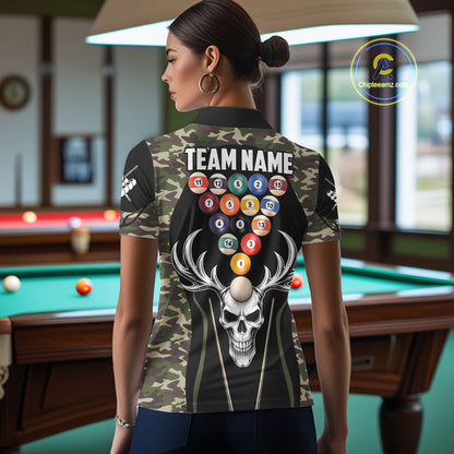 Personalized Green Camo Skull Billiard Shirt For Women, 8 Ball Billiard Team Jersey Polo & 1/4 Zip TDM5993