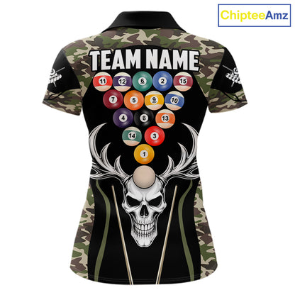 Personalized Green Camo Skull Billiard Shirt For Women, 8 Ball Billiard Team Jersey Polo & 1/4 Zip TDM5993