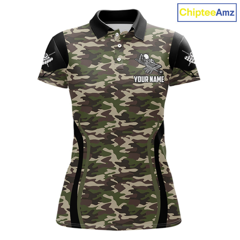 Personalized Green Camo Skull Billiard Shirt For Women, 8 Ball Billiard Team Jersey Polo & 1/4 Zip TDM5993