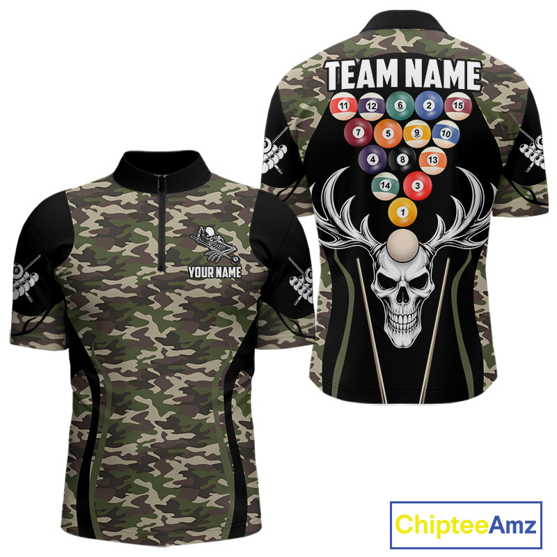 Personalized Green Camo Skull Billiard Shirt For Men, 8 Ball Billiard Team Jersey Polo & 1/4 Zip TDM5993