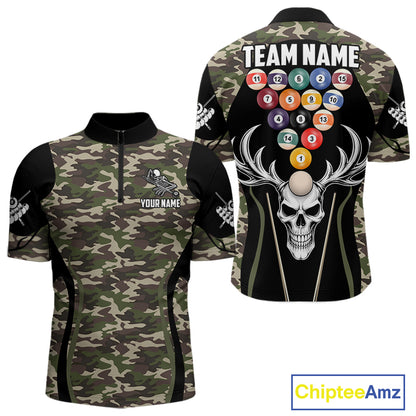 Personalized Green Camo Skull Billiard Shirt For Men, 8 Ball Billiard Team Jersey Polo & 1/4 Zip TDM5993