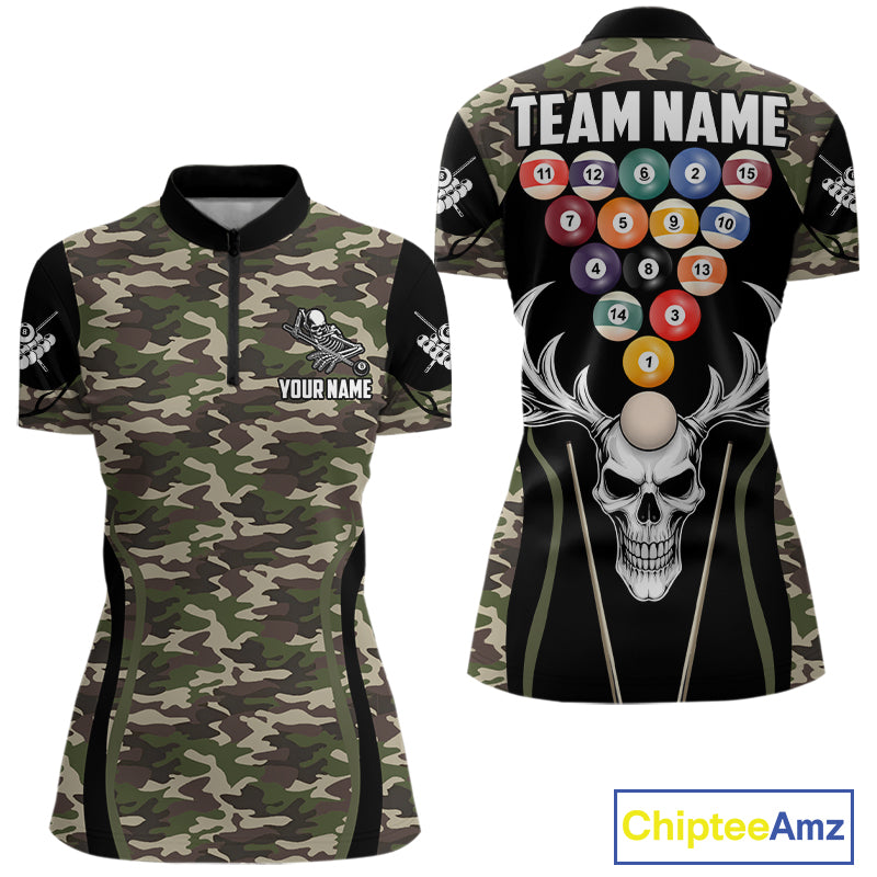 Personalized Green Camo Skull Billiard Shirt For Women, 8 Ball Billiard Team Jersey Polo & 1/4 Zip TDM5993
