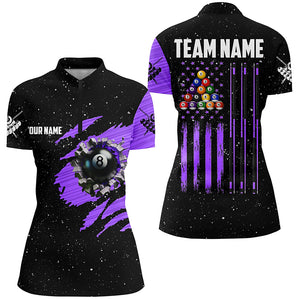 Customized Grunge American Flag 8 Ball Pool Women Quarter-Zip Shirt Pool Player Shirt |Purple TDM1343