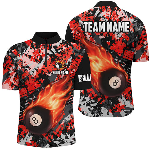 Red Billiard Ball 8 Fire Flame Men Quarter-Zip Shirts Custom 8 Ball Pool Billiard Jersey TDM1347