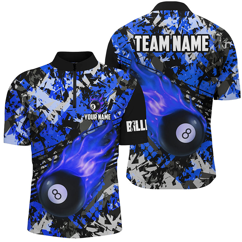Blue Billiard Ball 8 Fire Flame Men Quarter-Zip Shirts Custom 8 Ball Pool Billiard Jersey TDM1348