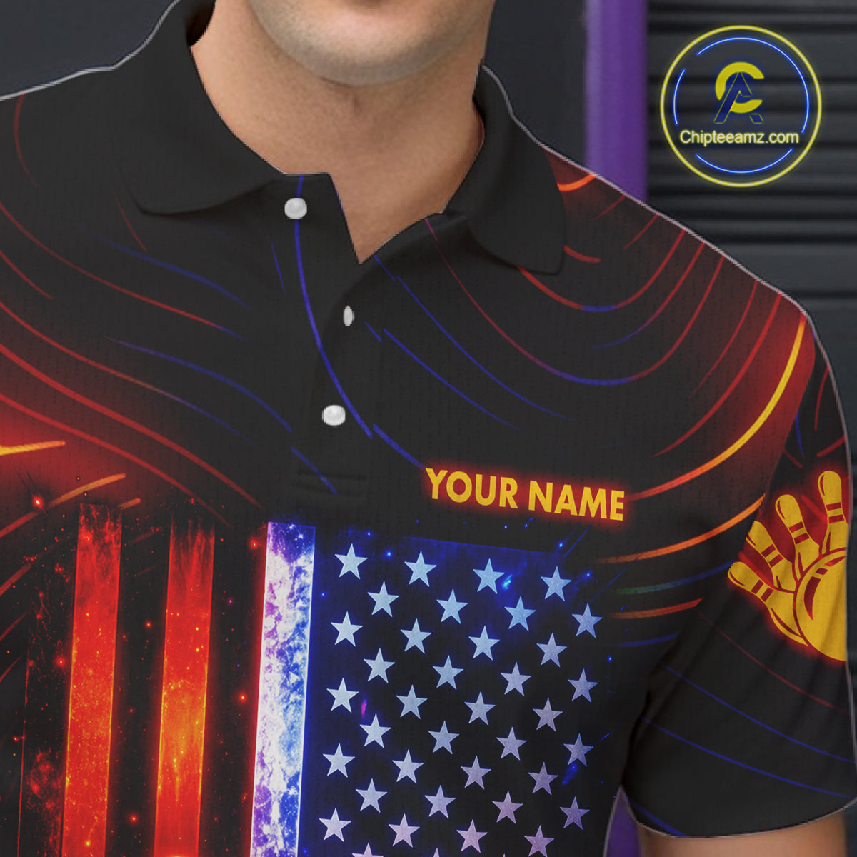 Custom Neon American Flag Bowling Shirt For Men, Patriotic Bowling Team Jersey Polo & 1/4 Zip TDM6221
