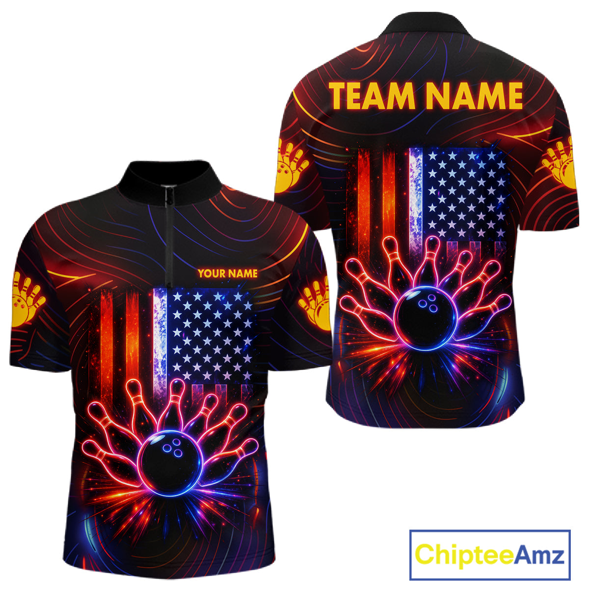 Custom Neon American Flag Bowling Shirt For Men, Patriotic Bowling Team Jersey Polo & 1/4 Zip TDM6221
