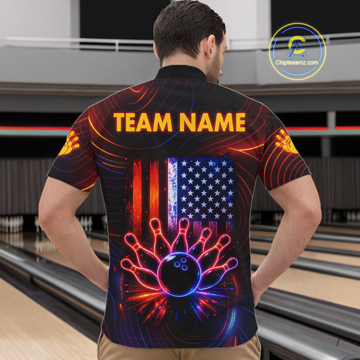 Custom Neon American Flag Bowling Shirt For Men, Patriotic Bowling Team Jersey Polo & 1/4 Zip TDM6221