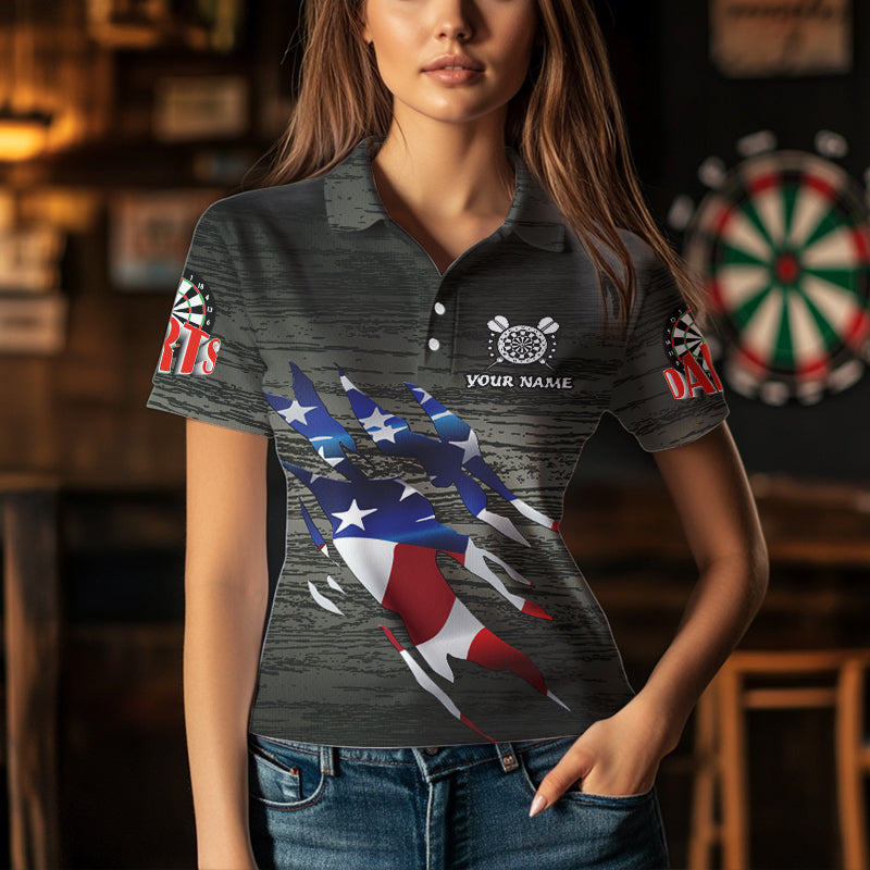 Personalized Grey Grunge American Flag Darts Shirts For Women Custom Patriotic Darts Team Jerseys TDM1558