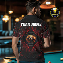 Load image into Gallery viewer, Back view of man wearing a black and red flame pool team shirt in a billiards hall.
