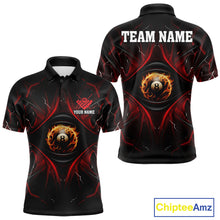 Load image into Gallery viewer, Men’s black and red flame 8 ball eyes pool polo shirt with bold billiard team graphics.