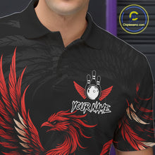 Load image into Gallery viewer, Close up of black and red phoenix wings bowling polo shirt collar, buttons and chest design.