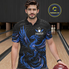 Load image into Gallery viewer, Man wearing black and blue phoenix wings bowling polo shirt front view.