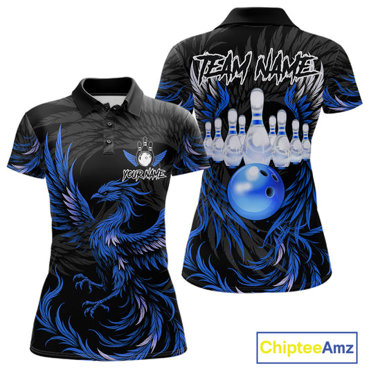 Black and blue phoenix wings bowling polo shirt for women, custom bowling team jersey.