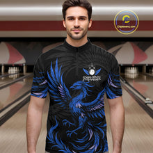 Load image into Gallery viewer, Man wearing black and blue phoenix wings bowling quarter zip shirt front view.