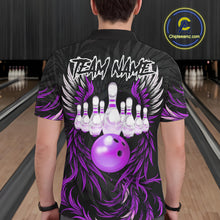 Load image into Gallery viewer, Man wearing black and purple phoenix wings bowling polo shirt back view.