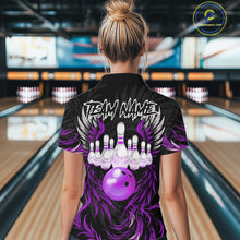 Load image into Gallery viewer, Woman wearing black and purple phoenix wings bowling polo shirt back view.