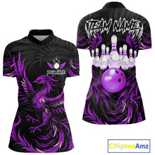 Load image into Gallery viewer, Black and purple phoenix wings bowling quarter zip shirt for women.