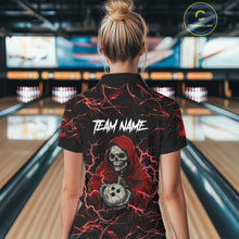 Load image into Gallery viewer, Woman wearing black and red grim reaper lightning bowling polo shirt back view.