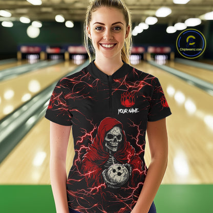 Woman wearing black and red grim reaper lightning bowling quarter zip shirt front view.