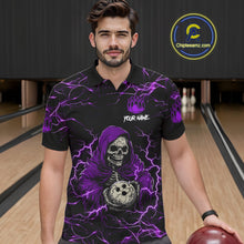 Load image into Gallery viewer, Man wearing purple grim reaper lightning bowling polo shirt front view.