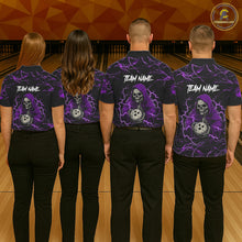 Load image into Gallery viewer, Bowling team wearing matching purple grim reaper lightning jerseys front view.