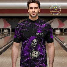 Load image into Gallery viewer, Man wearing purple grim reaper lightning bowling quarter zip shirt front view.