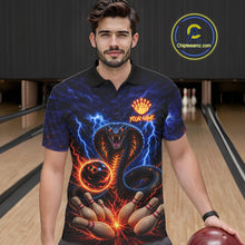 Load image into Gallery viewer, Man wearing blue lightning cobra bowling polo shirt front view.