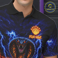 Load image into Gallery viewer, Close up of blue lightning cobra bowling polo shirt collar, buttons and chest design.