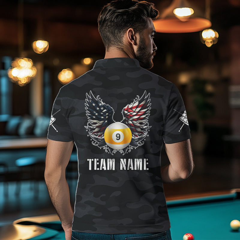 Personalized Camouflage US Flag Billiard Shirt For Men, Funny Patriotic 9 Ball Wings Pool Jersey TDM4479