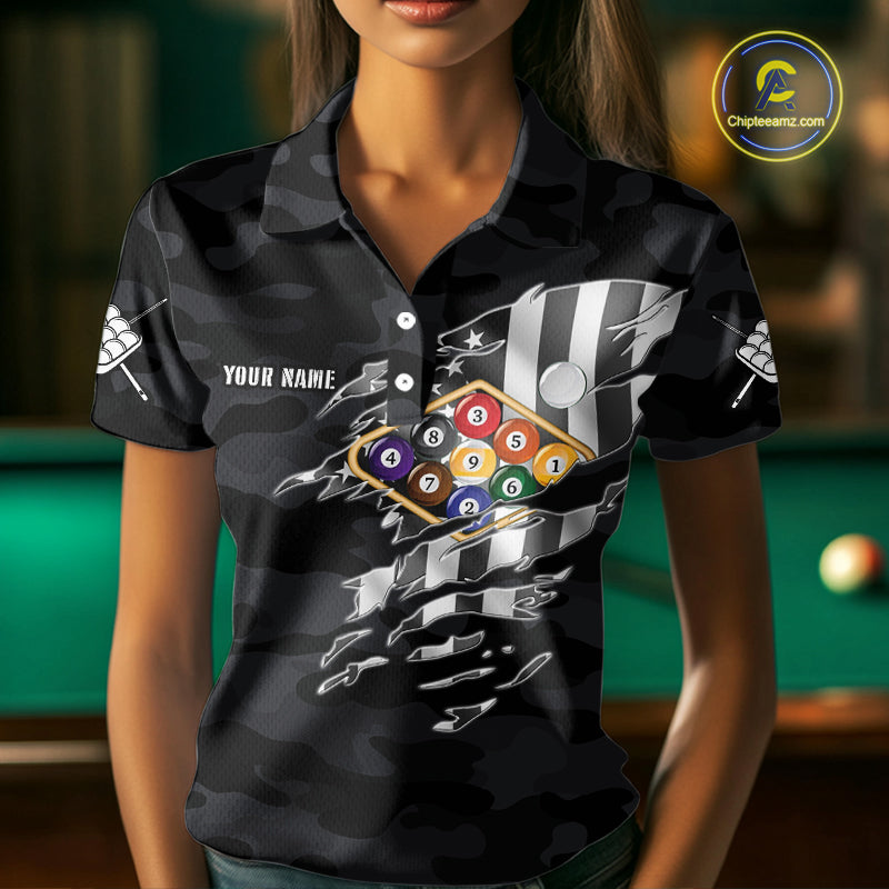 Personalized Camouflage US Flag Billiard Shirt For Women, Funny Patriotic 9 Ball Wings Pool Jersey TDM4479
