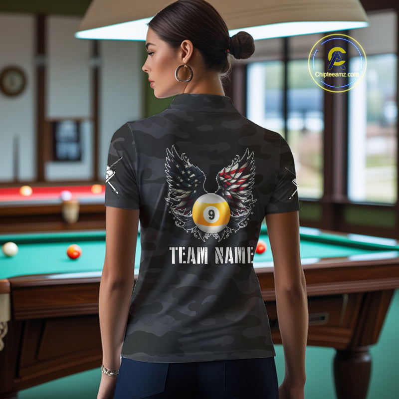 Personalized Camouflage US Flag Billiard Shirt For Women, Funny Patriotic 9 Ball Wings Pool Jersey TDM4479