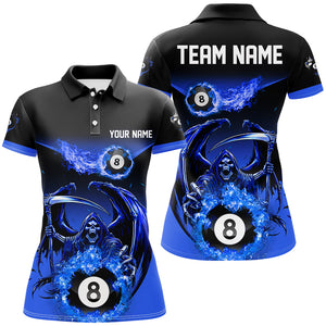 Blue Death Skeleton Flame 8 Ball Pool Billiard Shirts For Women Custom Billiard League Team Jerseys TDM2646