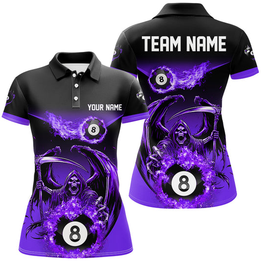 Purple Grim Reaper Flame 8 Ball Pool Billiard Shirts For Women Custom Billiard League Team Jerseys TDM2647
